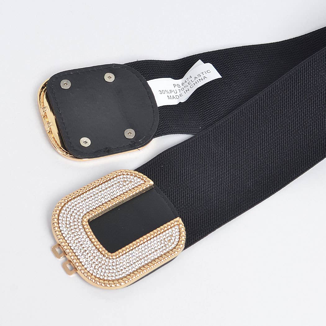 Rhinestone Buckle Stretch Belt: Black Gold | ROYALTY DESIGN  display picture 1