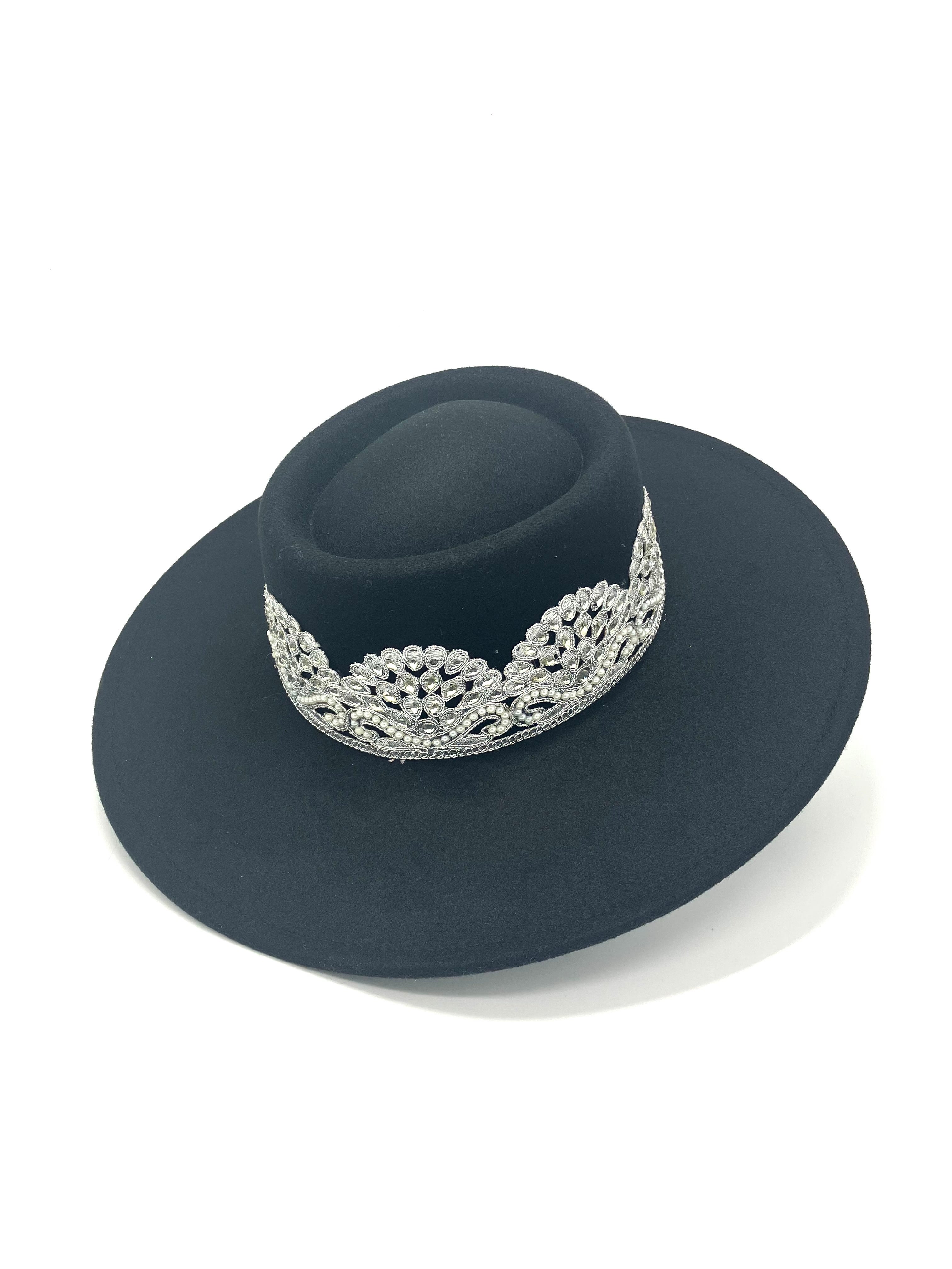 Ladies hat black with silver stones Ladies Dress Hat Black Felt Ladies Costume Hat With Silver  main image 4